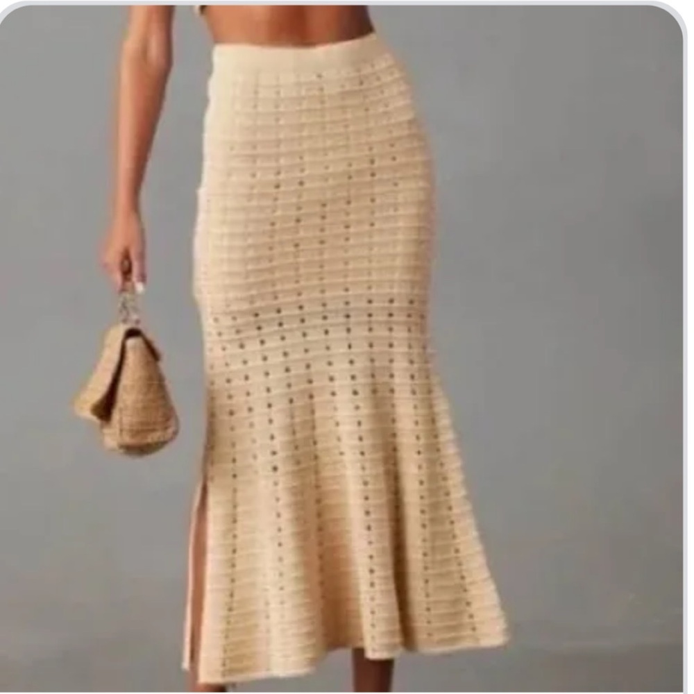 FORE Black Knit Perforated Pull On Maxi Skirt with Slit Lined Boho Summer Small